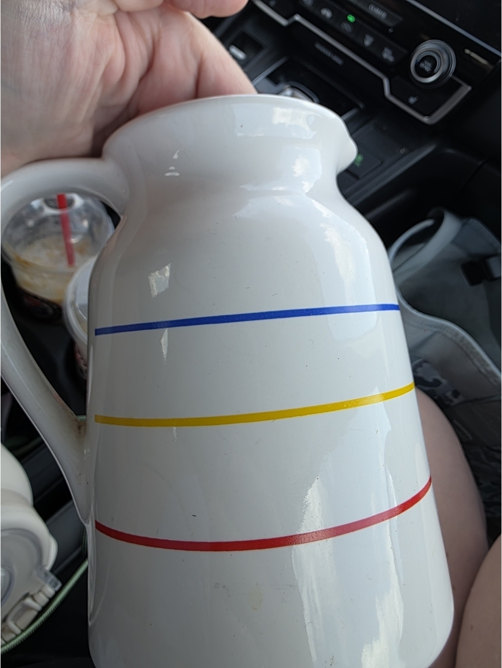Vintage Cooks Tools Primary Stripe Ceramic Pitcher White Blue Yellow Red MCM